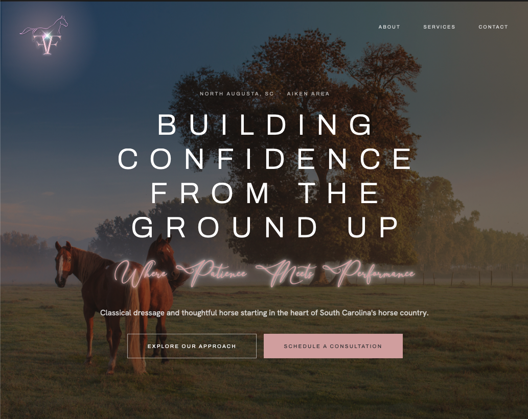Frostbite Farms website — classical dressage and horse starting North Augusta SC
