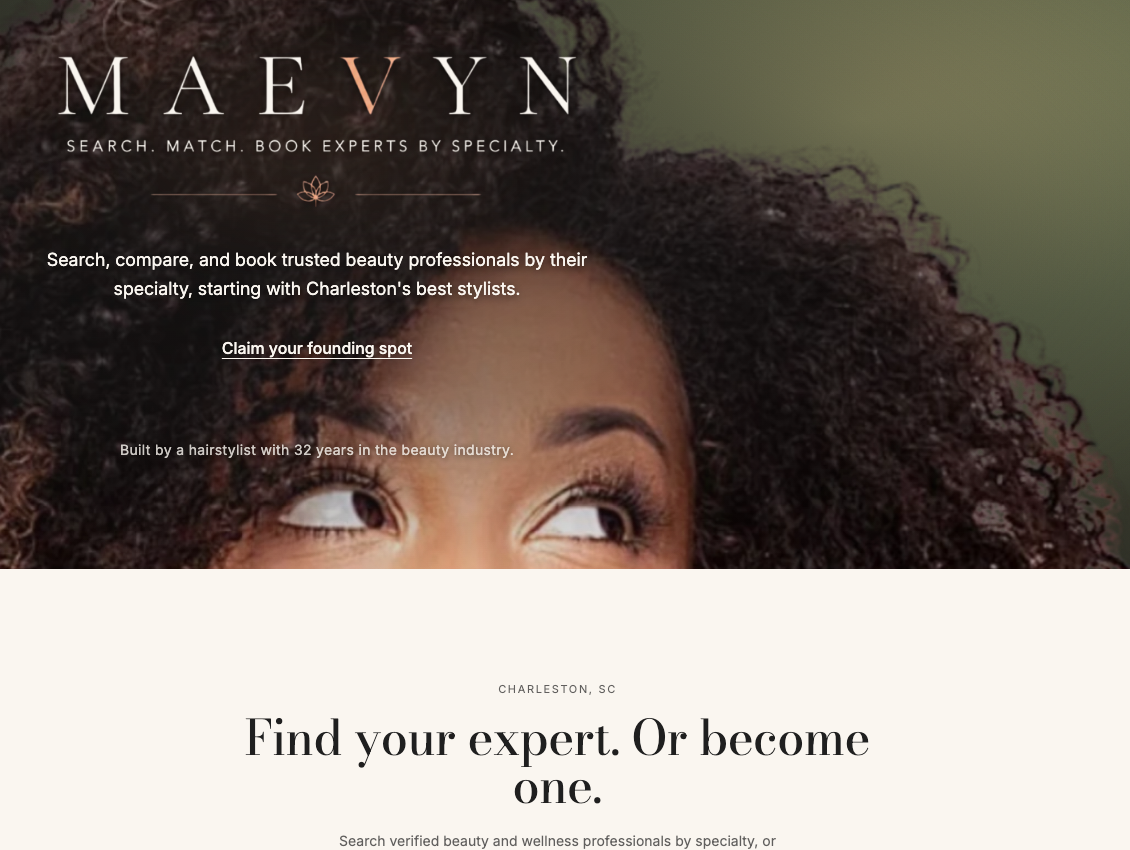 Maevyn website, curated beauty and wellness professional marketplace