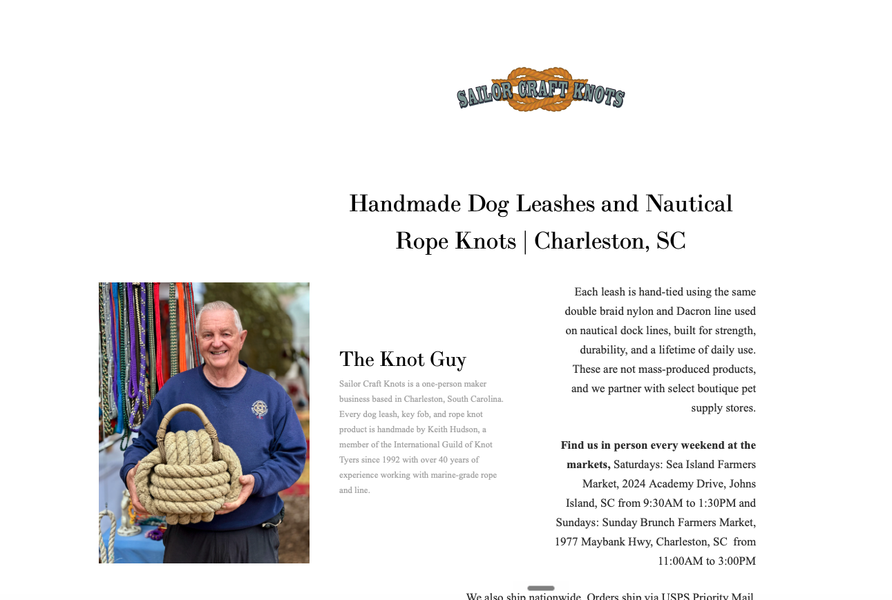 Sailor Craft Knots website — handmade dog leashes and nautical rope knots Charleston SC