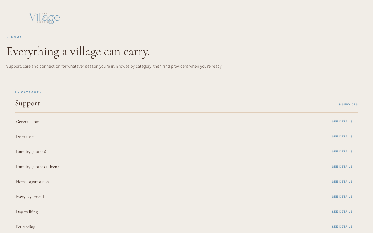 The Village Directory services page, family care marketplace in Toowoomba, Australia